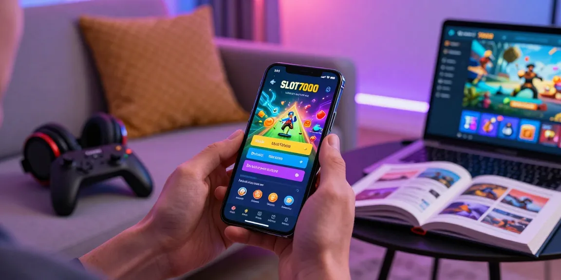 SLOT7000 mobile app gameplay in a cozy setting with gaming accessories and vibrant graphics.