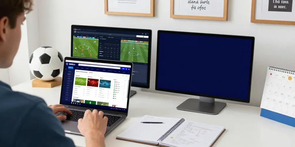 Engaged user analyzing WWBOLA match stats in a modern workspace.