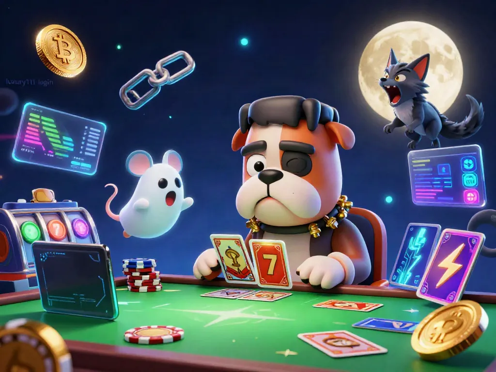 Engage with the exciting casino scene featuring luxury111 login where a monster dog deals cards surrounded by crypto coins.