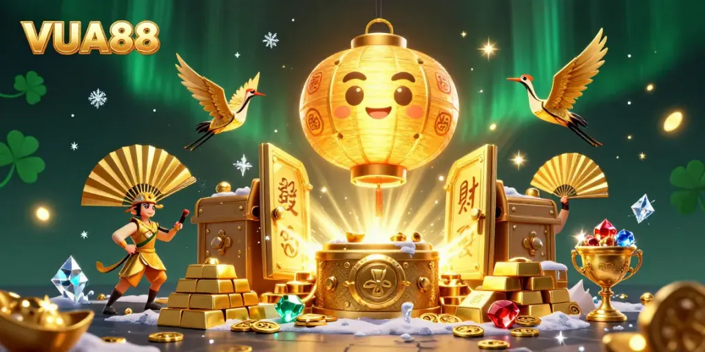 Experience thrilling gaming adventures with VUA88's vibrant casino scene full of golden elements and lucky symbols.