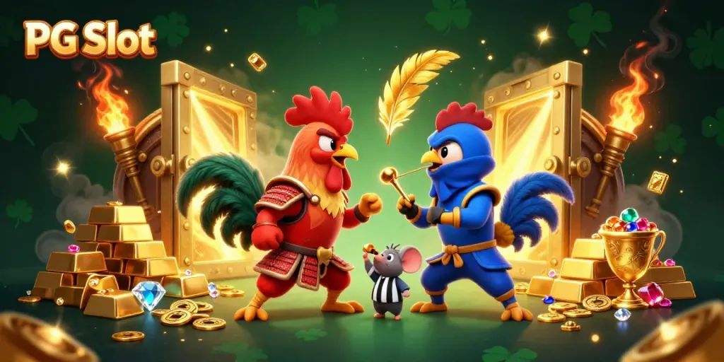 Engage excitement with PG Slot as fearless roosters battle amidst golden treasures and dynamic symbols.