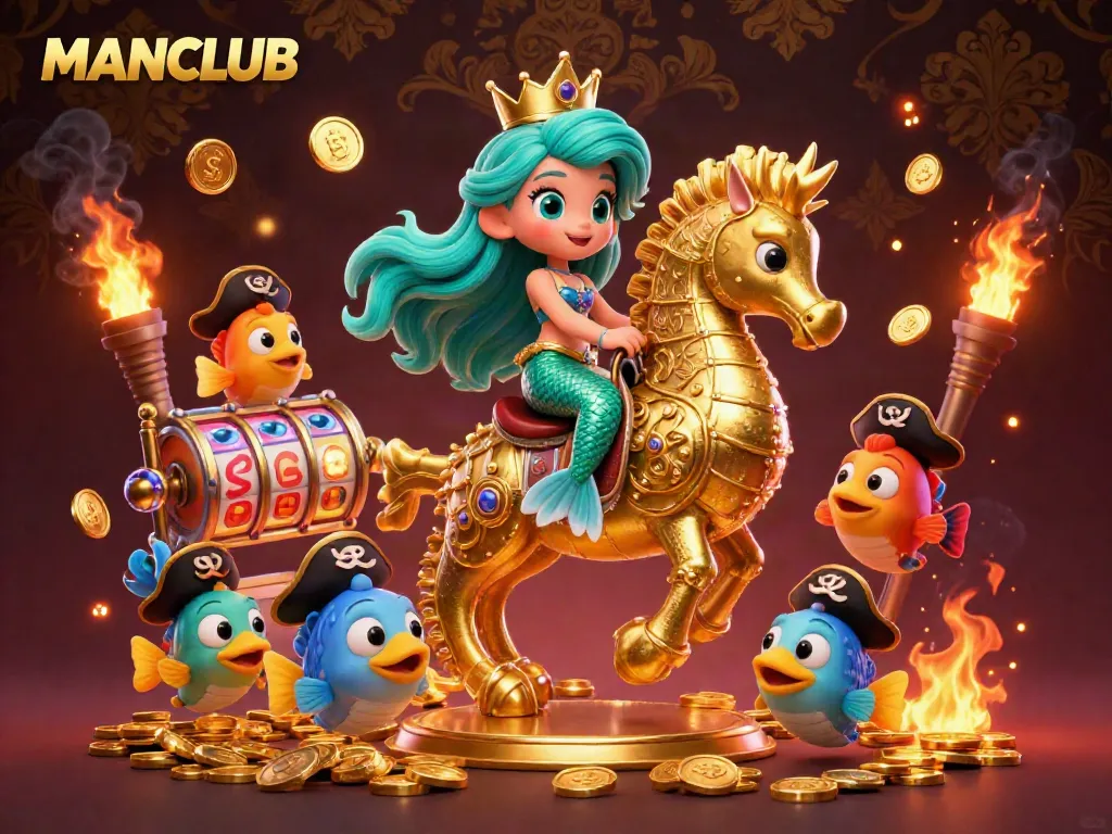 Engage with the MANCLUB-themed casino adventure featuring a mermaid princess and golden seahorse amid vibrant gaming elements.