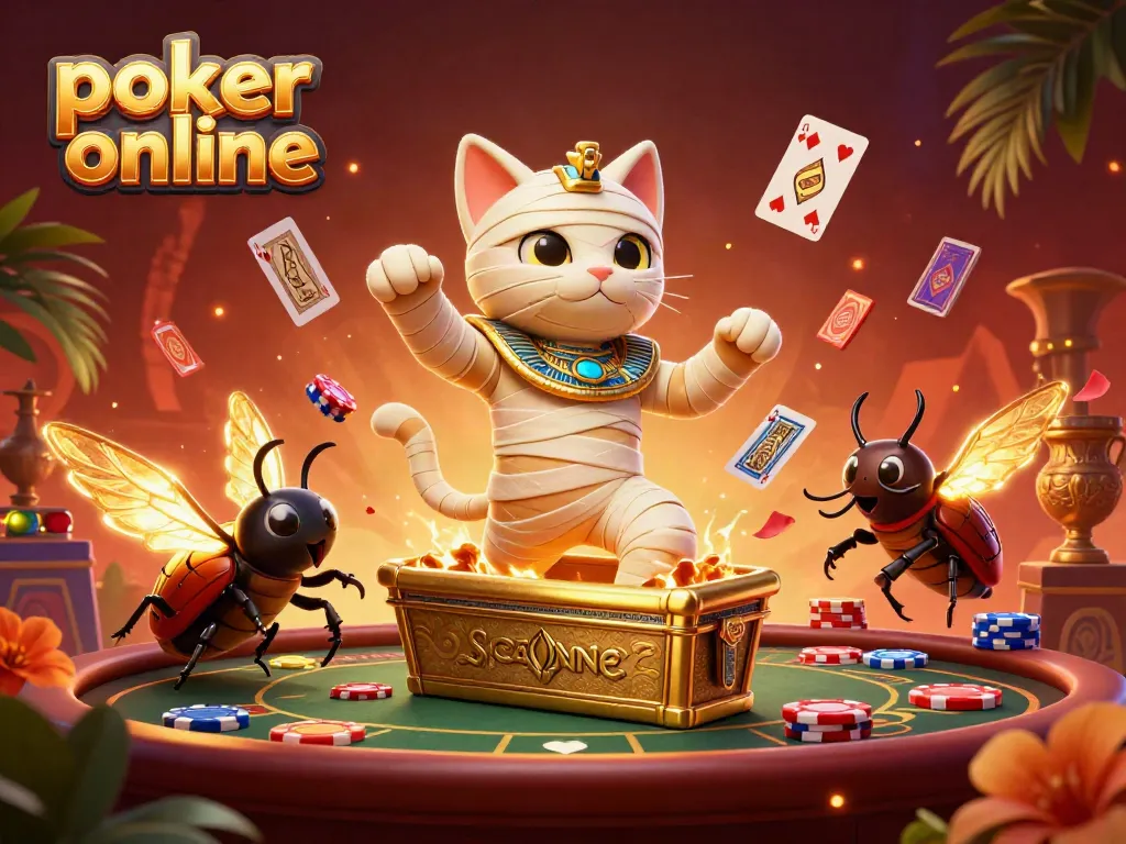 Engage with poker online featuring a dynamic scene of a mummy cat, poker chips, and glowing cards.
