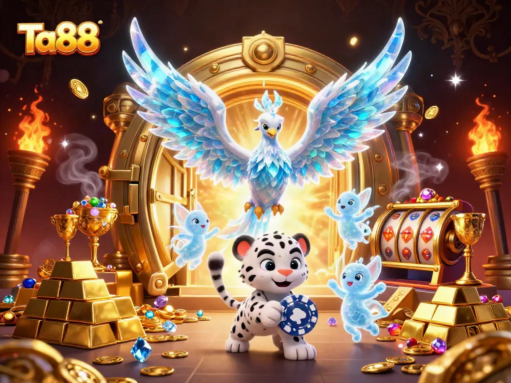 Play Ta88 with the ice phoenix and snow leopard in a vibrant, dynamic casino scene of winning!
