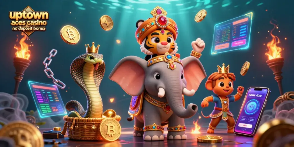Experience the excitement of uptown aces casino no deposit bonus with vibrant 3D illustration of casino themes and elements.