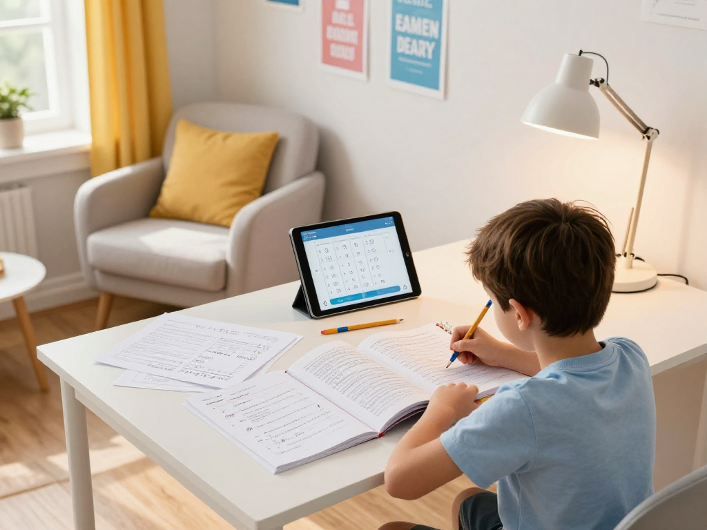 Bright study space showcasing a focused child learning with books and tech, highlighting the role of 11 plus exam tutors near me.