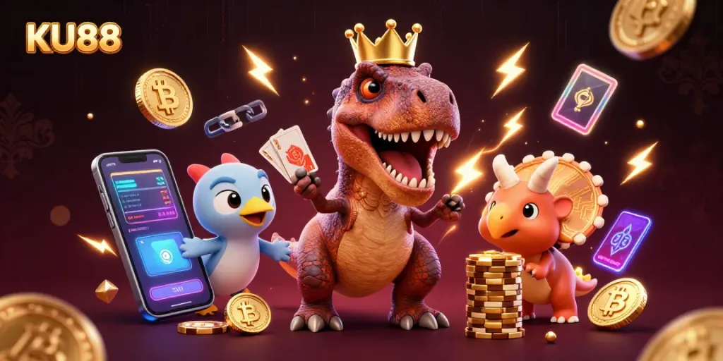 Experience fun with KU88 while a T-Rex shuffles cards in a vibrant casino scene full of excitement.