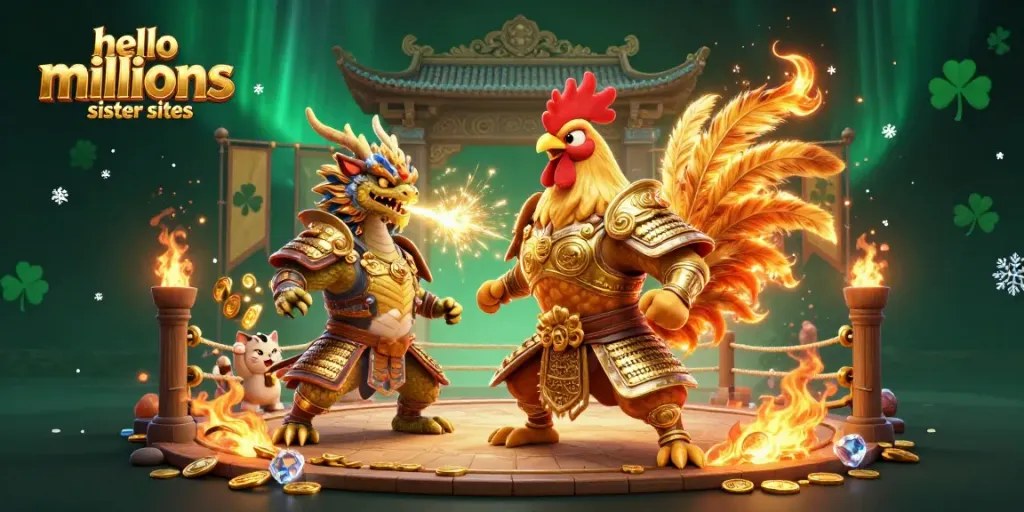 Engage with hello millions sister sites through an exciting casino scene featuring a cartoon rooster, dragon, and fortune cat.