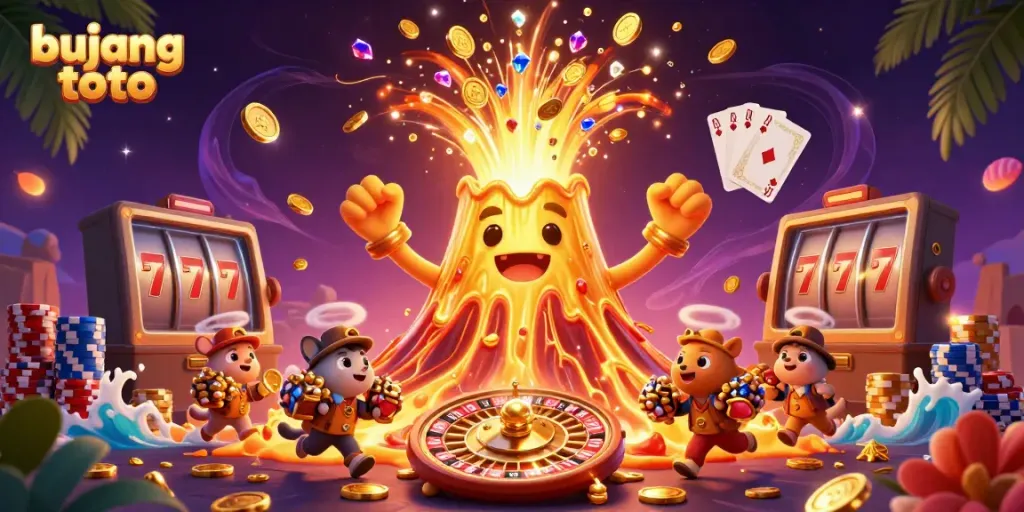 Experience thrilling wins with bujang toto's vibrant 3D casino scene of erupting golden treasures.