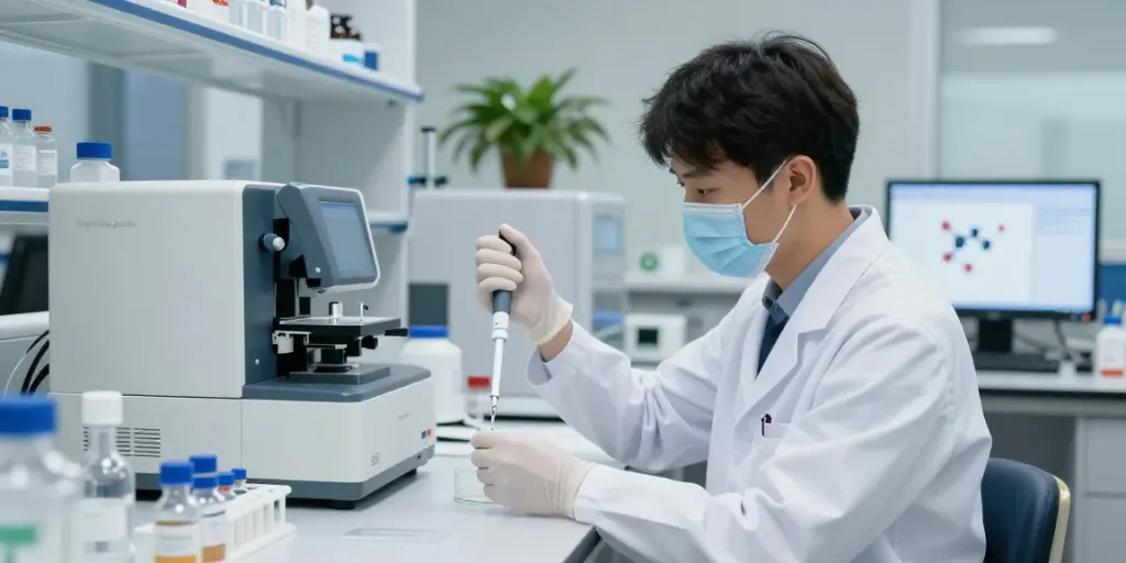 buy Cagrilintide peptide in modern lab environment with researcher analyzing samples