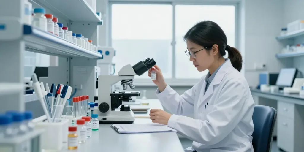 Researcher analyzing ss-31 peptide for sale in a modern laboratory setting.