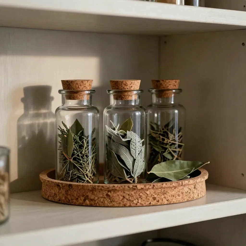 Dark glass herb jars, a cork tray, and dried leaves in a pantry niche with soft window light.