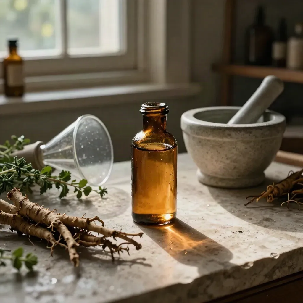 Amber tincture bottle with roots, herbs, funnel, and mortar in moody apothecary light.
