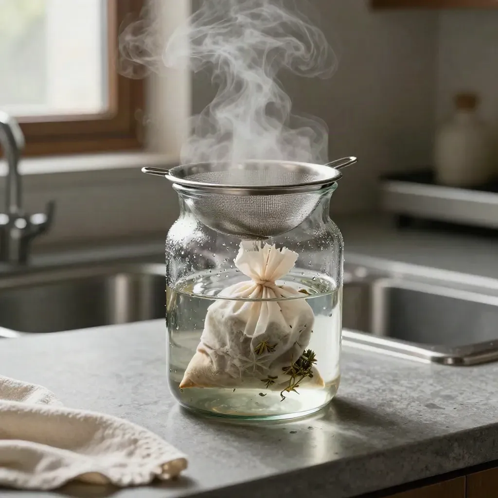 Steam fogging a glass infusion jar beside a strainer and herb pouch