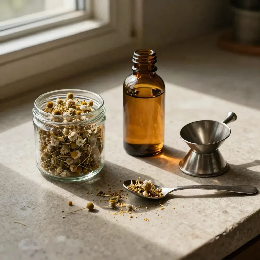 Chamomile tincture starter kit on a stone counter with amber bottle and funnel in warm light.