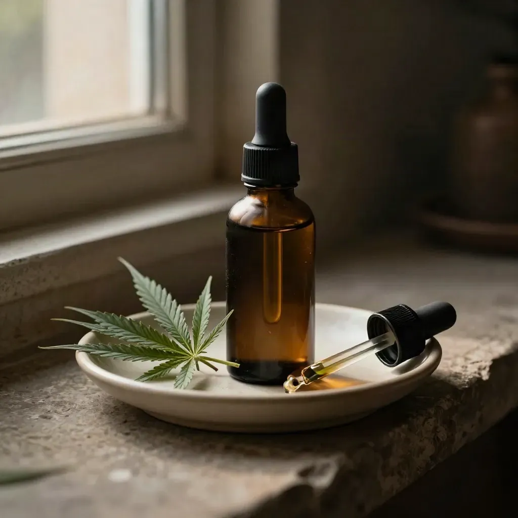 Dark hemp extract bottle beside hemp leaves and a dropper cap in moody side light.