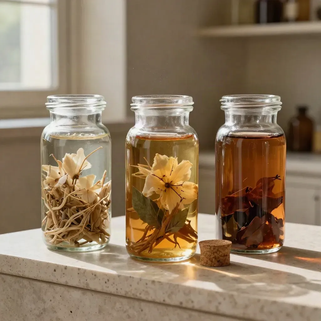 Three strength-sorted apothecary jars of herbal tincture material on travertine
