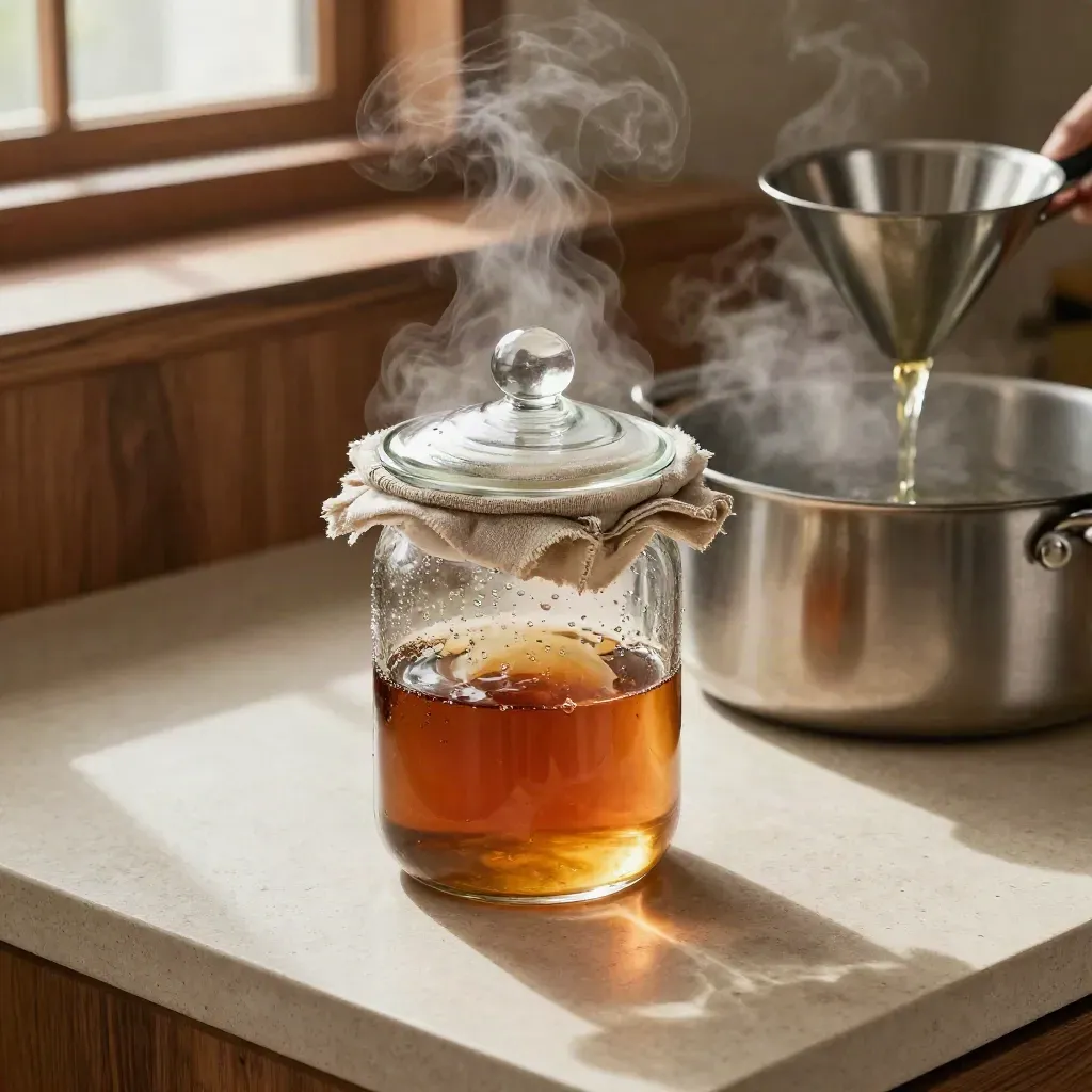 Steam beads on an infusion jar as muslin strains tincture through a stainless funnel.