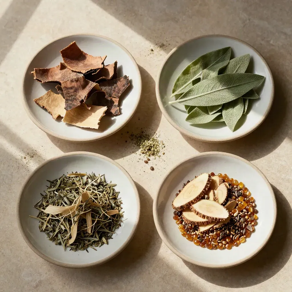 Top-down of ceramic dishes with bark, leaf, root and seed sorted on a warm stone surface.