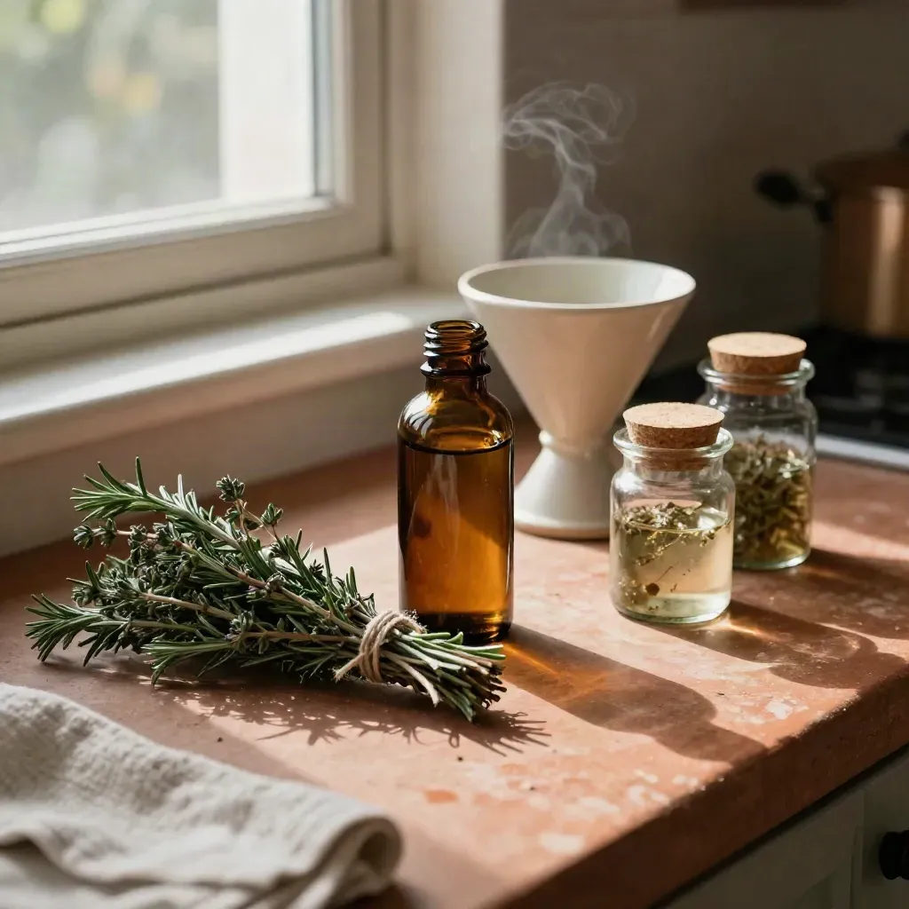 Herb bundles, bottle, funnel and corked jars on a terracotta kitchen counter in warm window light.