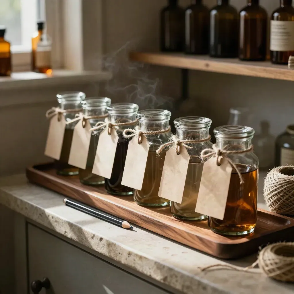 Tincture jars with flipped paper tags, twine, and a dark pencil on a stone apothecary shelf.