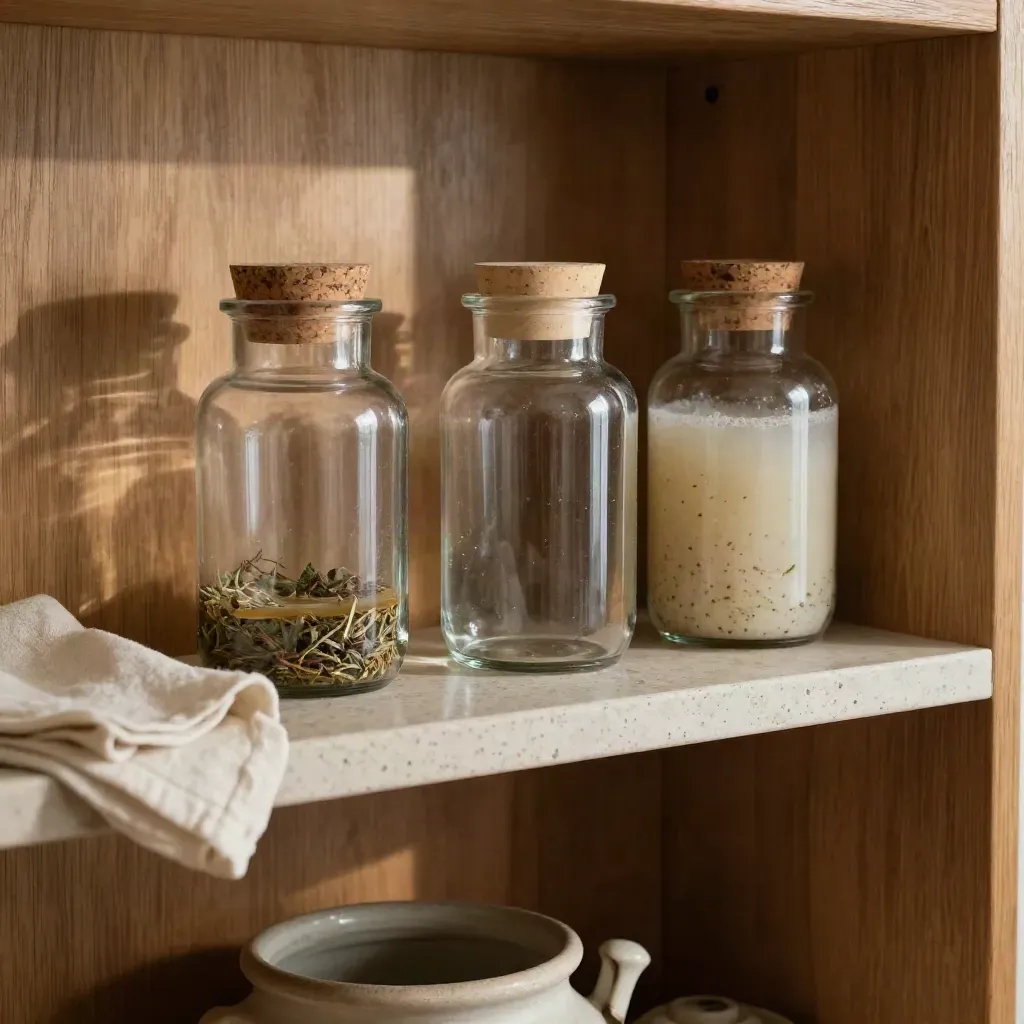 Three tincture jars on a pantry shelf, showing full, cloudy, and nearly empty states in warm light.