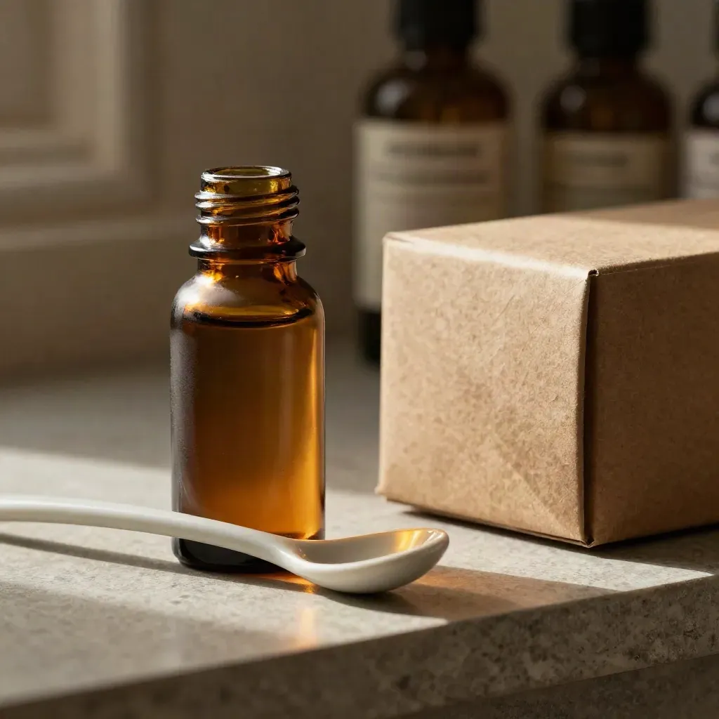 Amber hemp extract bottle with ceramic spoon and turned-away kraft box on stone