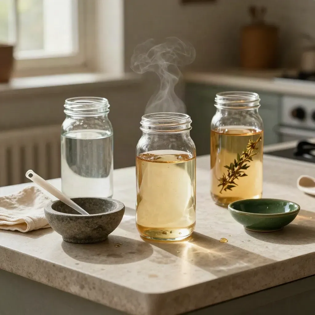 Three extraction jars with a funnel and stone bowl on a sunlit herbal counter.