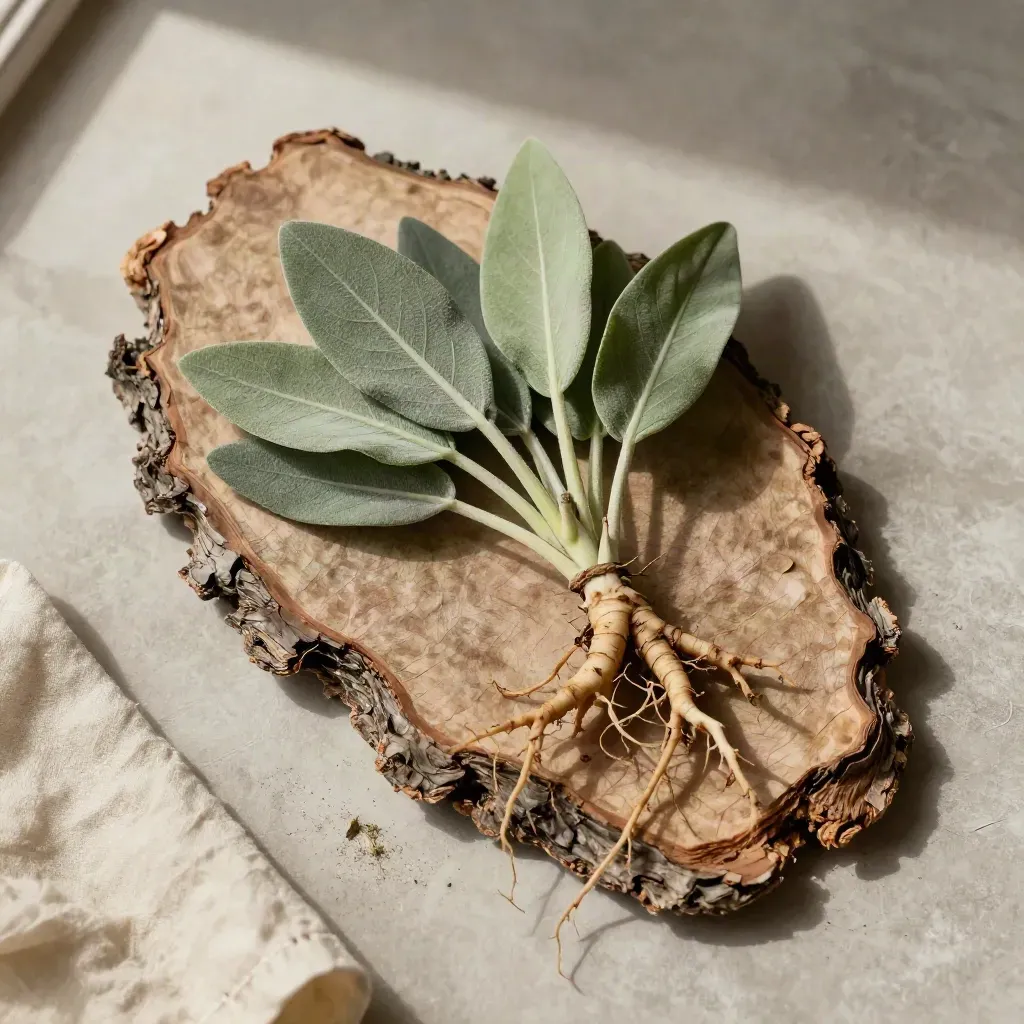 Top-down herb study of bark, leaf spray, and roots fanned on pale stone.