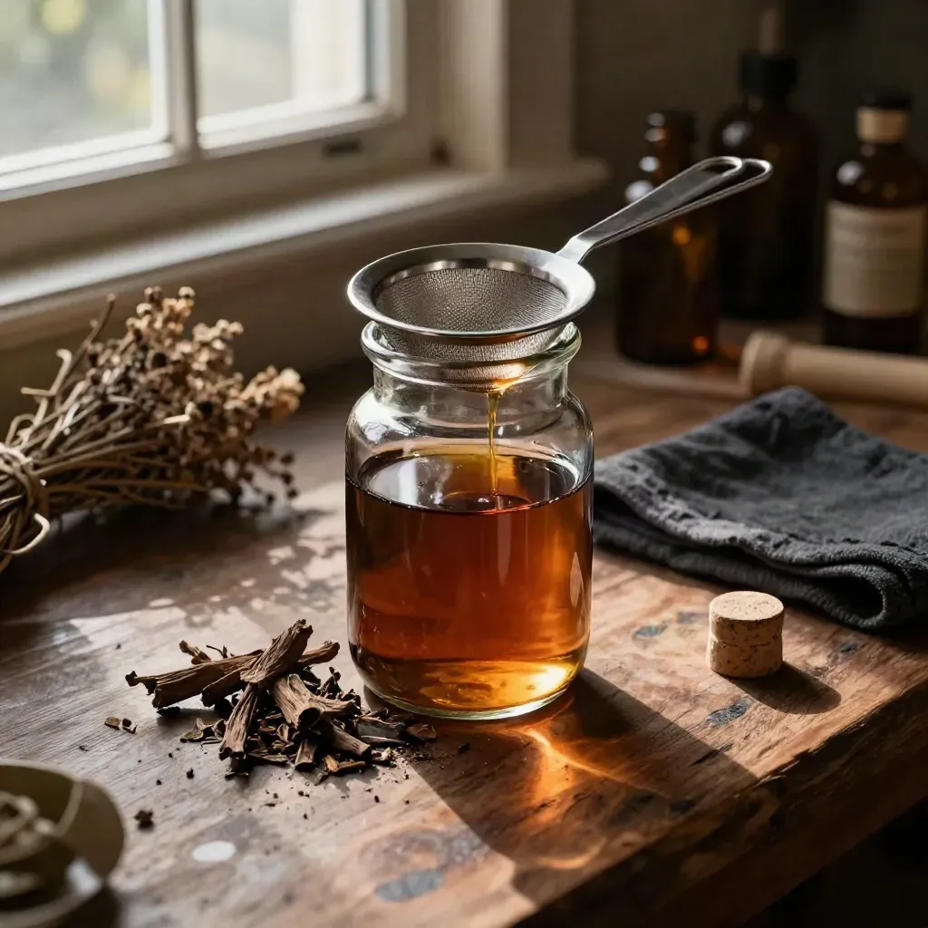 Amber alcohol tincture jar, root chips, and a metal strainer glowing on a warm apothecary bench.