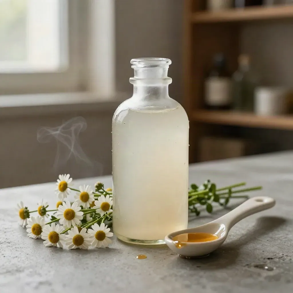 Pale glycerin tincture bottle with chamomile blossoms and a ceramic spoon on concrete.