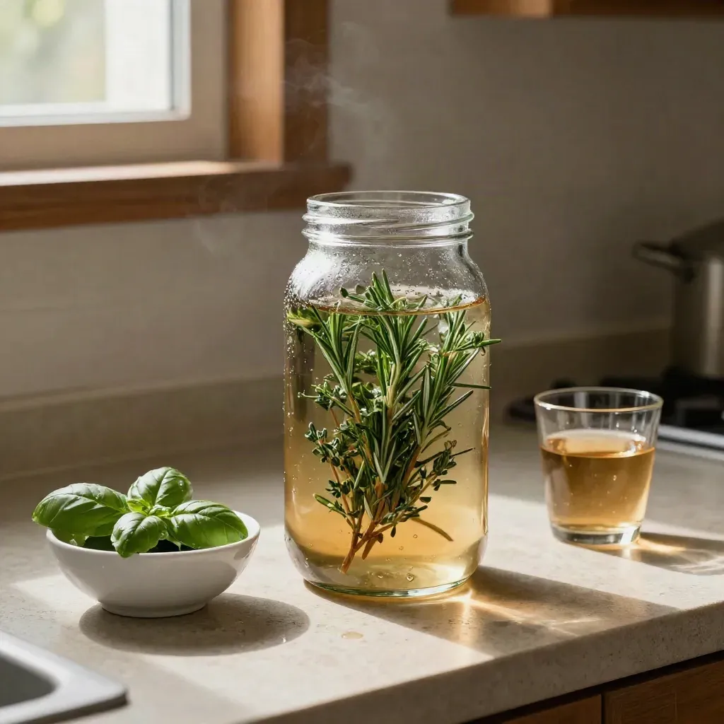 Vinegar infusion jar with fresh herbs and a white bowl on a stone kitchen counter.