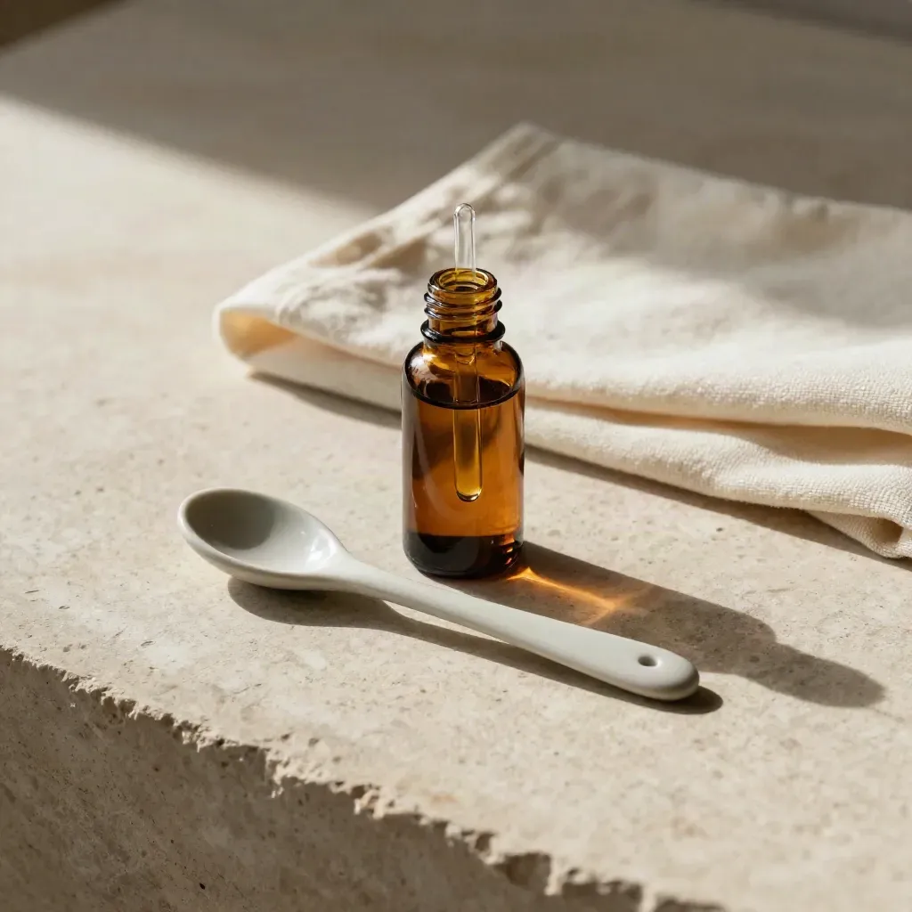 Amber tincture bottle, pipette drop, ceramic spoons and cream cloth on stone.