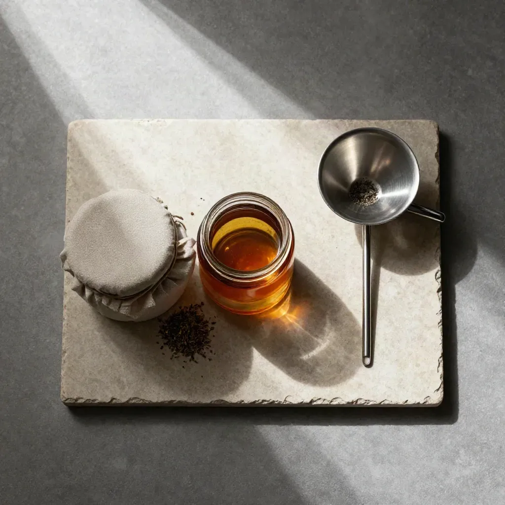 Overhead still life of extraction tools: clipped jar, muslin bundle, funnel on pale stone tray.