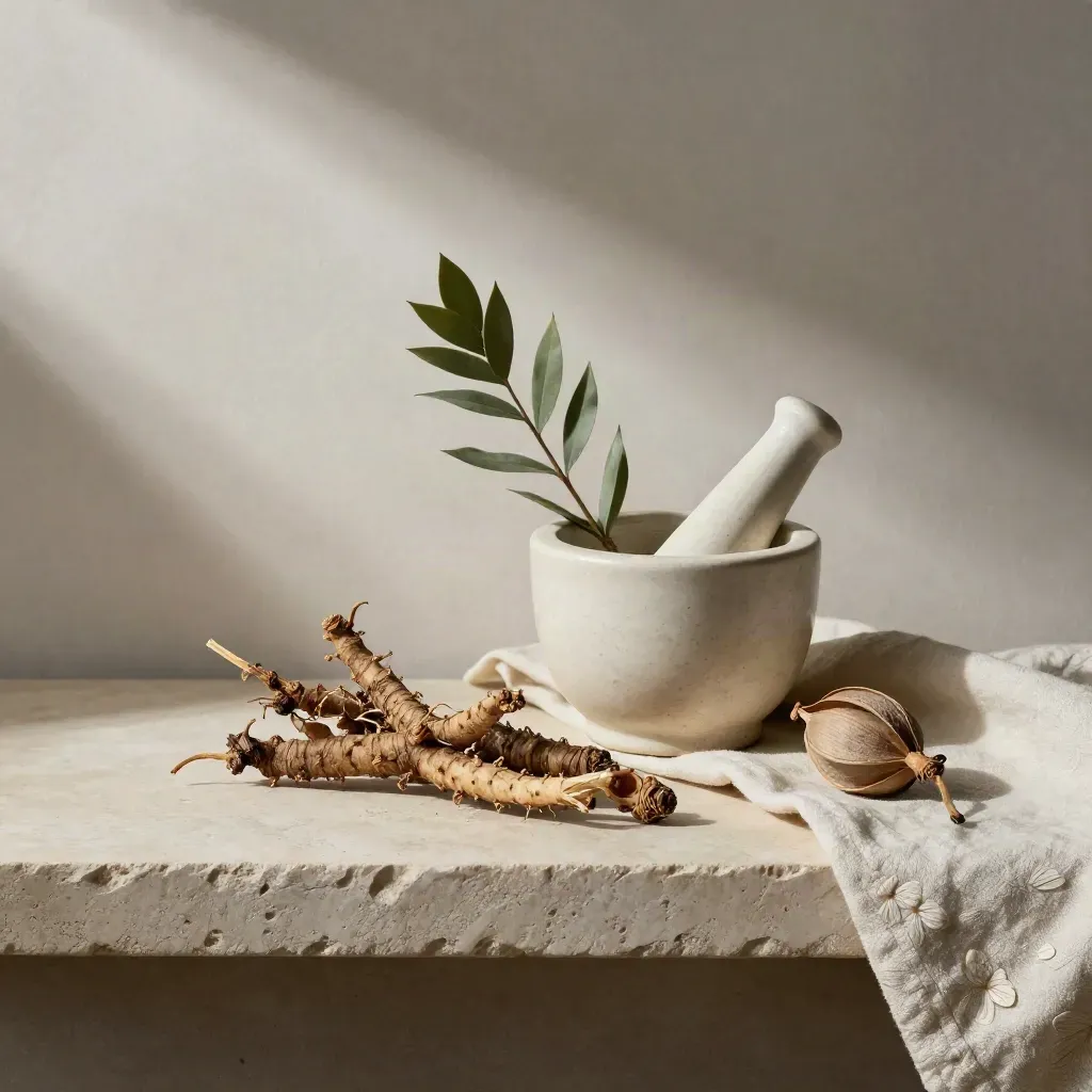 Dried roots, mortar, leaf spray and seed pod on a stone shelf
