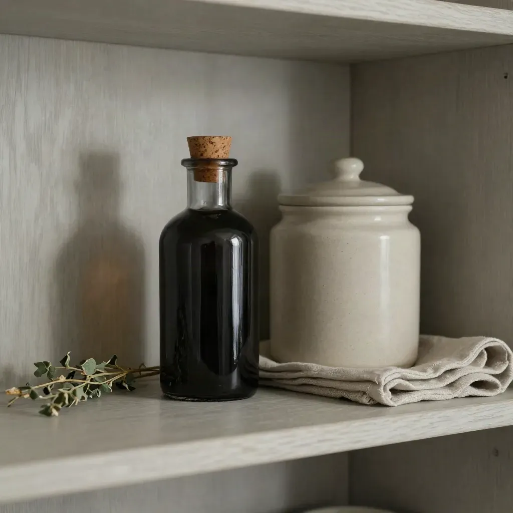 Dark glass tincture bottle, ceramic jar, and folded linen on a pale wood shelf.