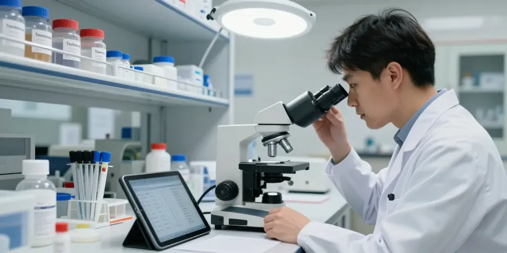 Researcher analyzing tesofensine capsules in a clinical lab.