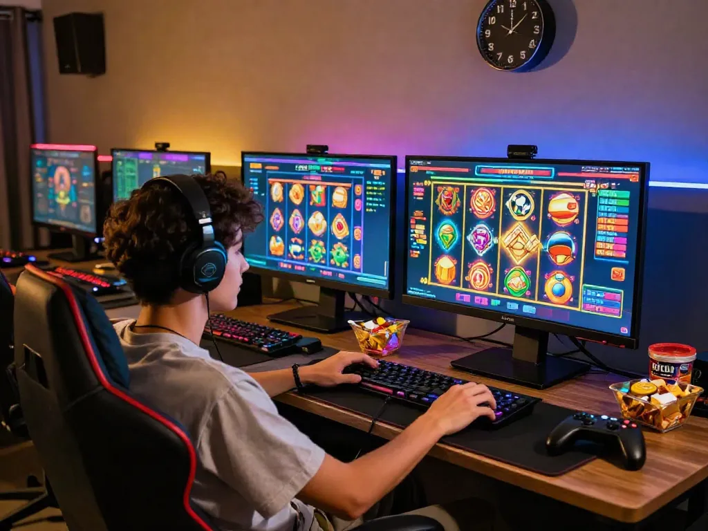 Discovering slot gacor hari ini through dynamic gaming setup with vibrant slots on multiple screens