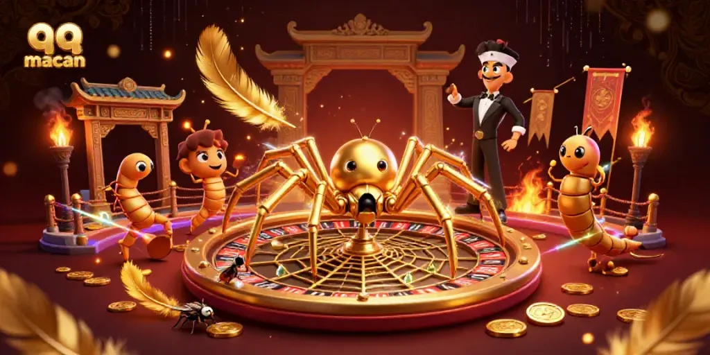 Engage in thrilling bets at qq macan's roulette wheel guarded by a golden spider.