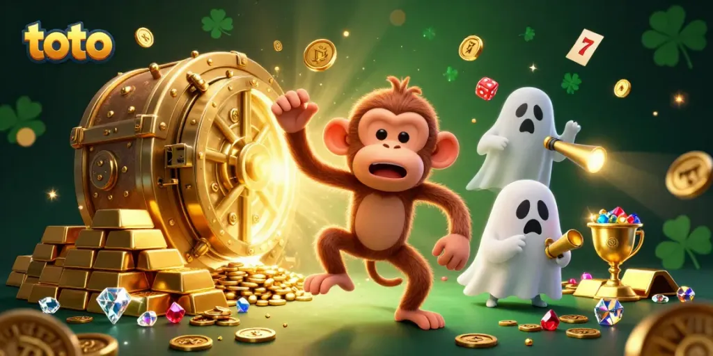 Engage in toto gaming excitement with a mischievous poltergeist monkey juggling gold in a haunted casino scene.