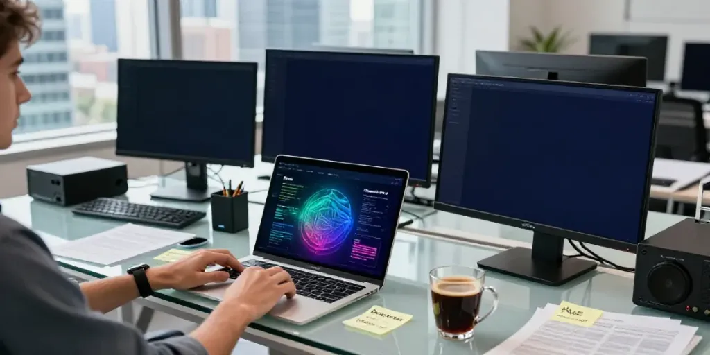 Developer in tech workspace analyzing AI news roundup from RSS feeds on multiple screens, bright and focused atmosphere.