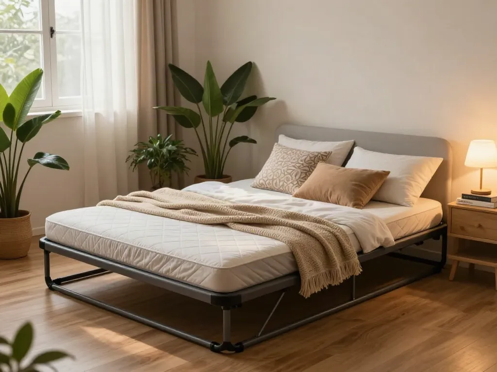 Portable bed arranged in a cozy guest room with warm lighting and decor.