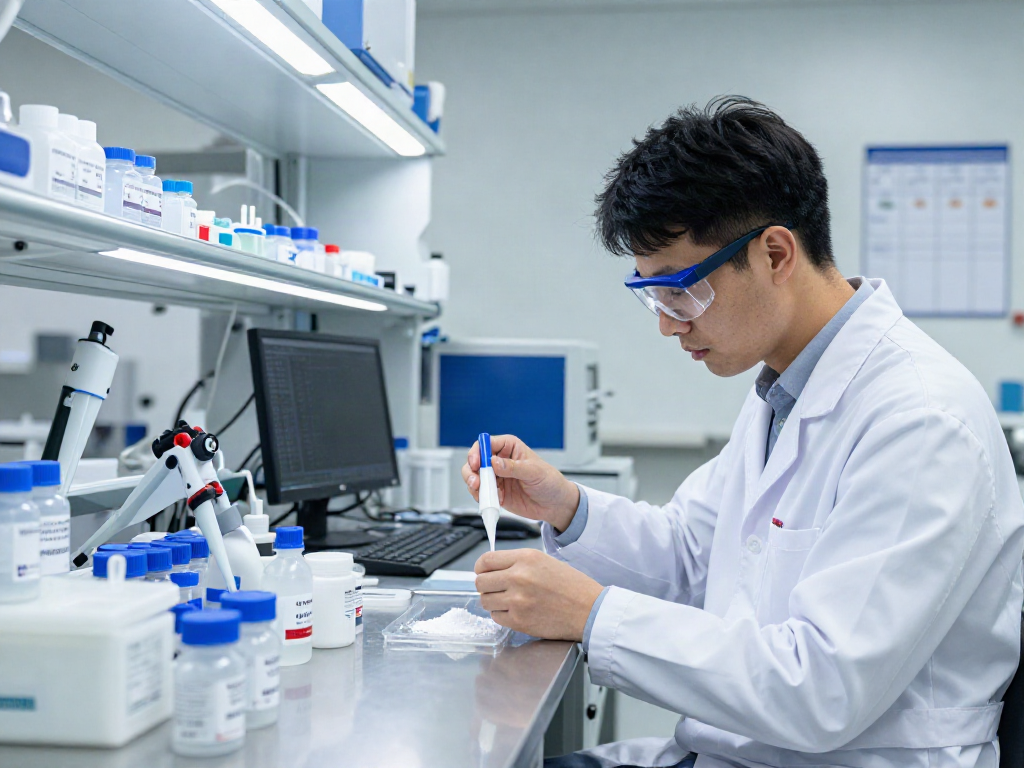 Scientist measuring peptides made in USA in a modern lab setting with advanced equipment.