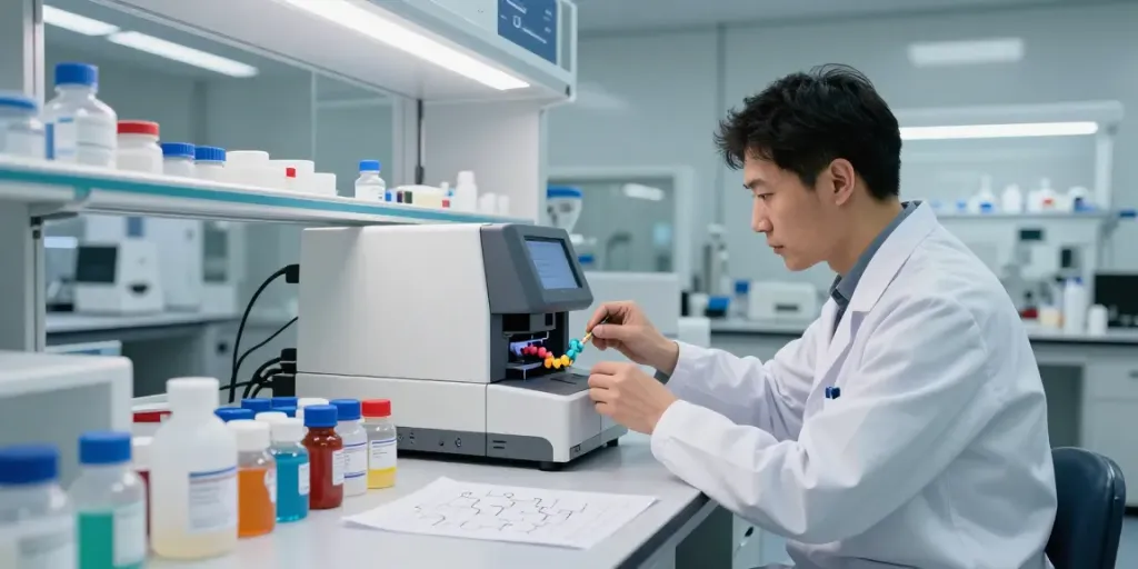 Scientist performing peptide comparison analysis in a modern lab.