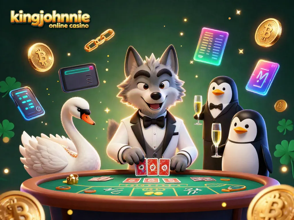 Experience excitement at kingjohnnie online casino with characters gambling at a baccarat table surrounded by vibrant themes.