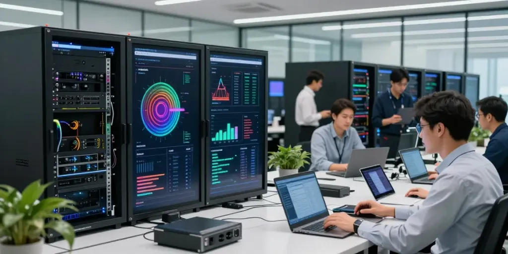Engineers optimizing AI Token Economy infrastructure in a modern data center.
