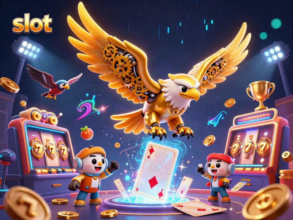 Slot menghadirkan burung elang emas terbang dengan peralatan dan simbol saat bermain mesin slot yang memukau.