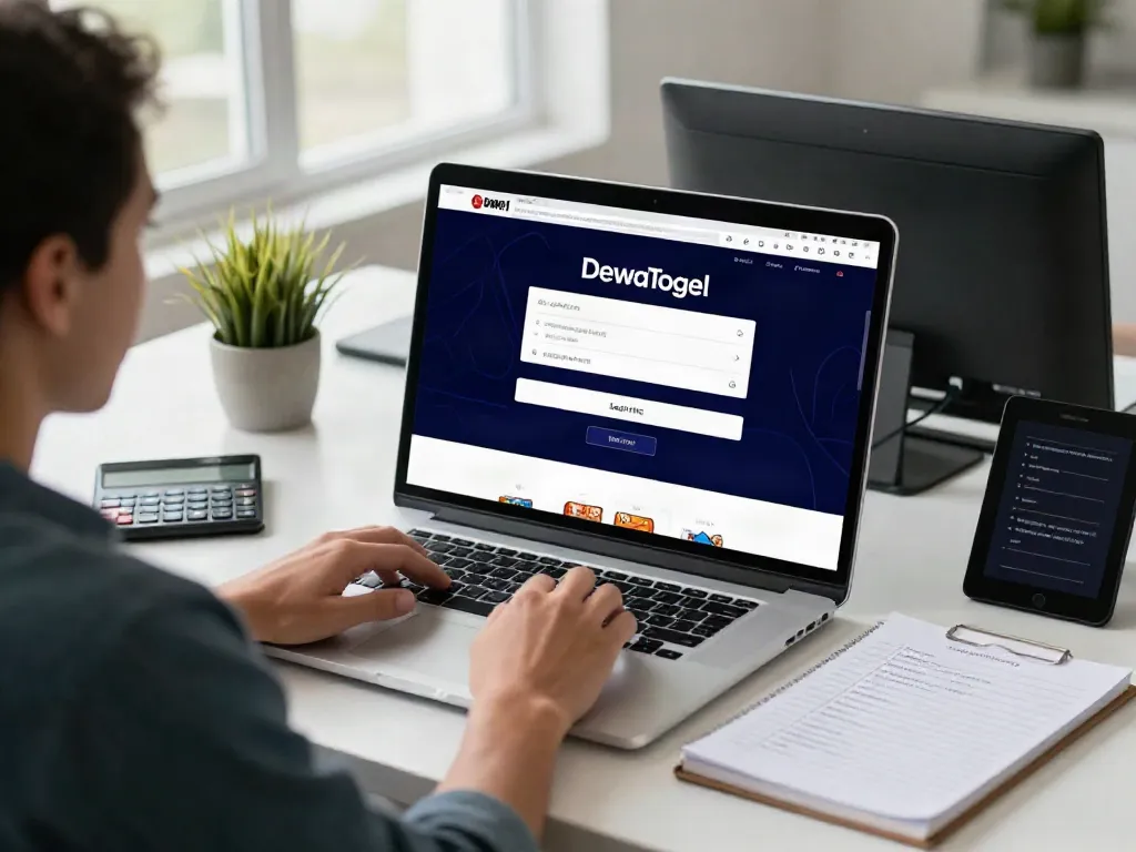 Login Dewatogel interface on a computer screen in a cozy home office, encouraging safe online gaming.