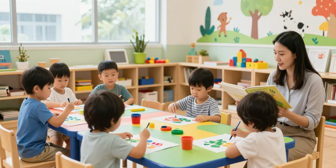 Interactive learning at a Reggio Emilia Preschool Singapore, children exploring art and stories in a vibrant classroom filled with natural light.