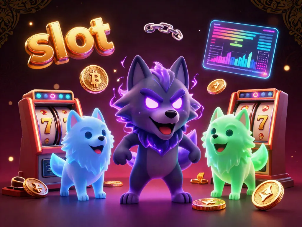 Spin the slot machines in a vibrant scene featuring glowing wolf spirits and crypto elements.